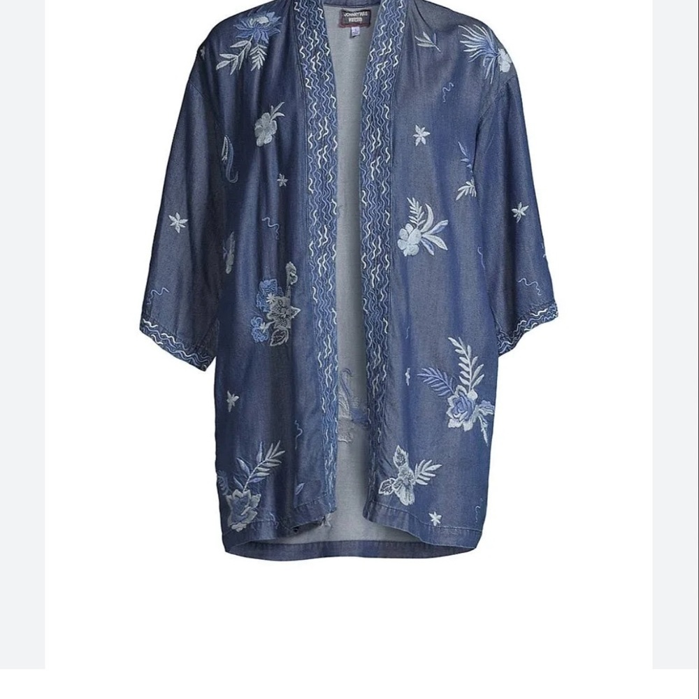 JOHNNY WAS Marbella Embroidered Cropped Kimono Denim Blue Lyocell small - Picture 3 of 3